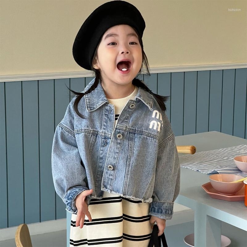 

Jackets HoneyCherry Spring Girls Short Denim Jacket Lapel Print Fur Trim Kids For, Blue