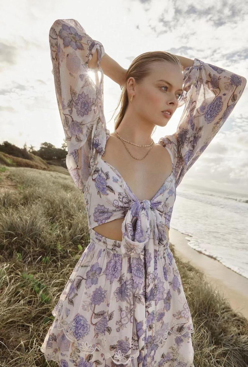 

Casual Dresses 2023 V Neck Knotted Bust Floral Print Scalloped Lace Appliques Women Short Dress, Multi
