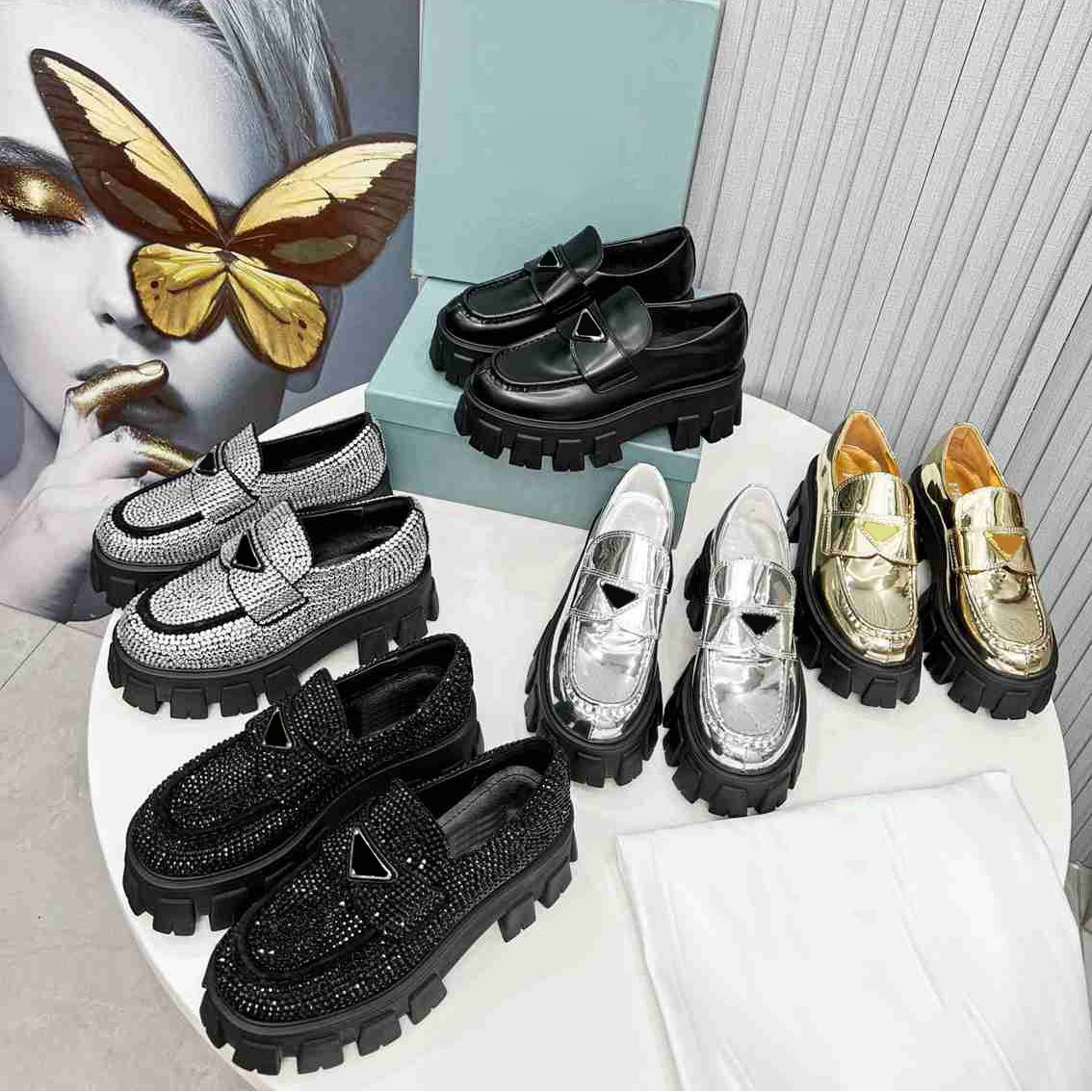 

Designer Shoes Metallic Leather Loafers Crystal Embellished Satin Loafer Monolith Triangle Logo Black Shoes Platform Sneakers Gold Sliver Trainer size 35-41