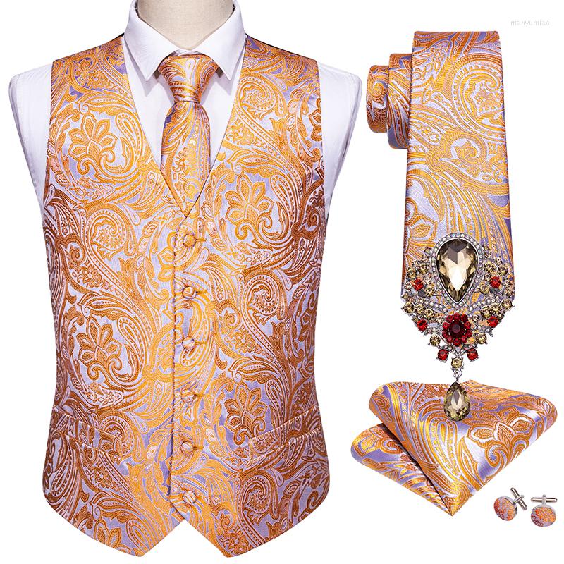 

Men' Vests 4PCS Designer Mens Wedding Suit Vest Classic Orange Jacquard Folral Silk Waistcoat Tie Handkerchief Set Barry.Wang, Picture shown
