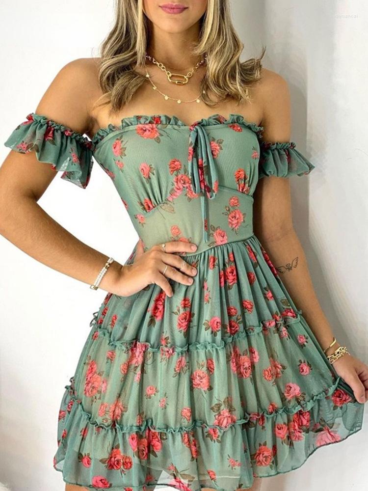 

Party Dresses Floral Print Frill Hem Off Shoulder Slash Neck Casual Mini Dress Women, Green