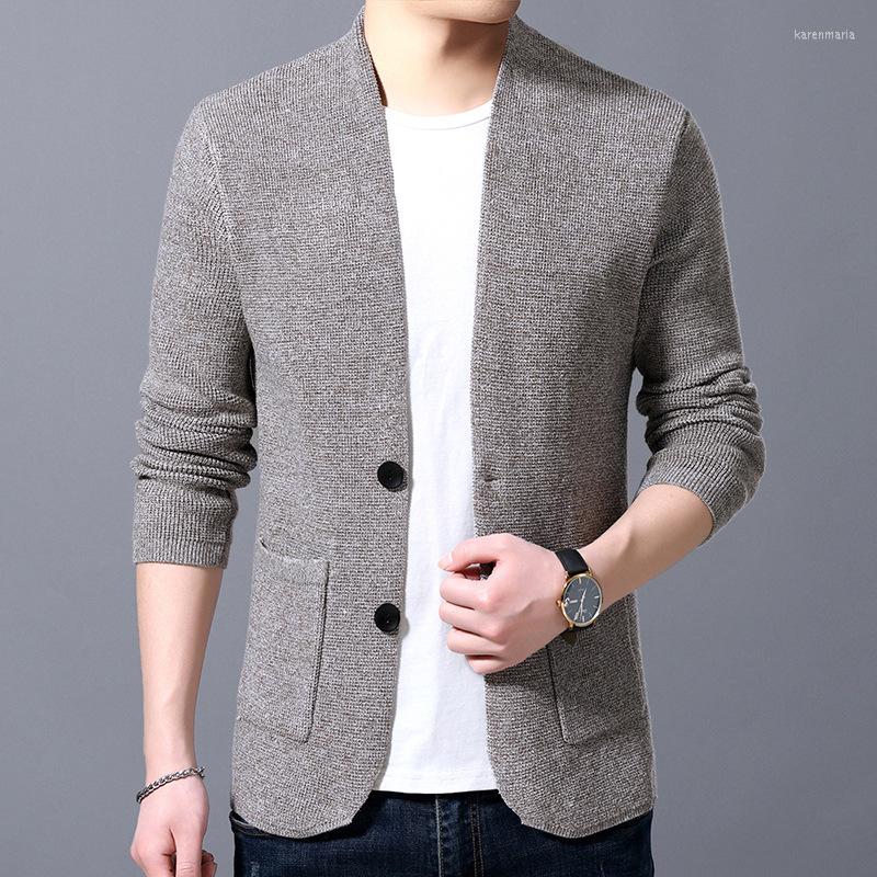 

Men's Jackets Autumn Knitted Cardigan Casual Thin Sweater Port Style Men's Stand-up Collar Pocket Coat, Beige