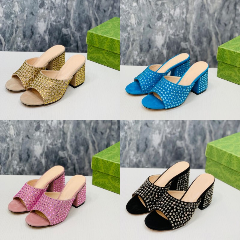 

Rhinestone sandals slippers Luxury Designers womens platform heel dress shoes top quality slide 7.5CM high Heeled Real leather bottom flip-flop 35-42 with box, Gold