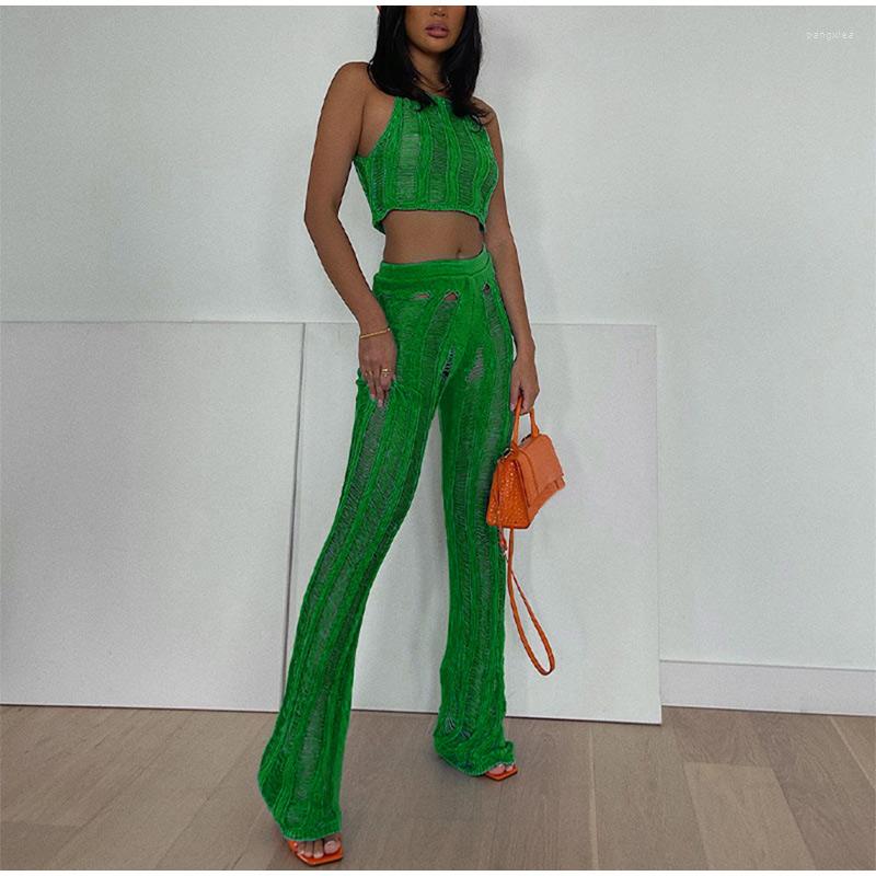 

Women' Two Piece Pants 2023 Beach Green Hollow Out Sets Women Sexy Crop Top High Waist Trouser Suits Y2k Summer Casual Slim Knitted Outfits, Green top