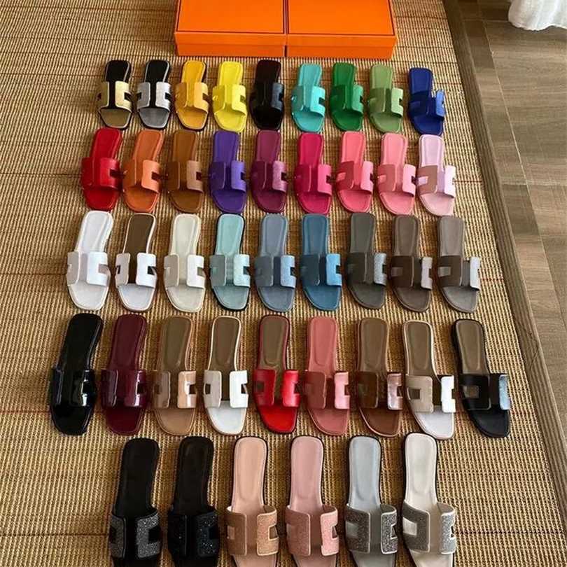 

Designer Women Slippers Genuine Leather Flat Sandals 2023 Summer Fashion Beach H Letter Drag Nude Black White Brown Matte Women's Slipper -42 No Box, White shiny