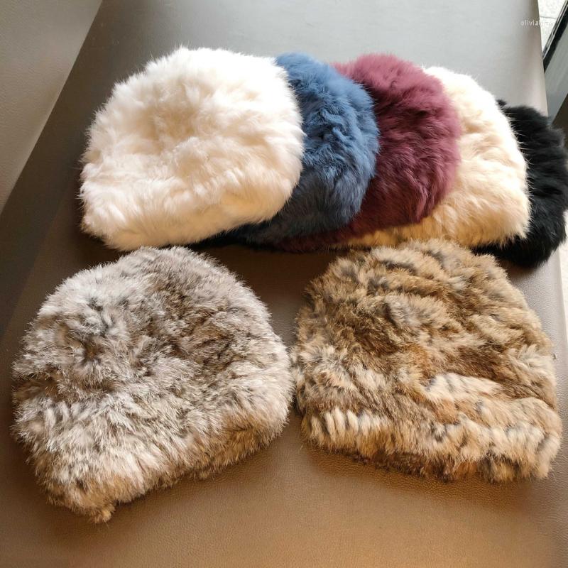 

Berets Russian Women Knitted Elasticit Real Fur Hats 2023 Natural Warm Cap Lady Winter Outdoor Bomber