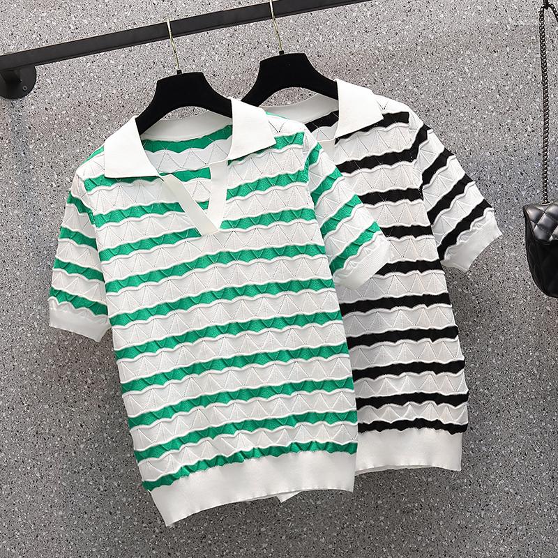 

Women's Sweaters Summer Pullover Ribbed Knitted Sweater Thin Clothes Women 2023 Short Sleeve Stripe Basic Woman Tops Crop Top, Black