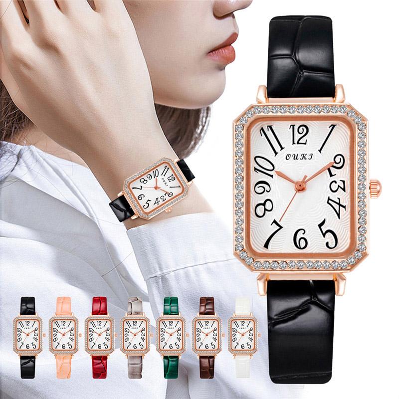 

Wristwatches Rectangle Girls Watches Womens Fashion Rose Gold Diamond Small Dial Ladies Watch Casual Leather Strap Clock Relogio FemininoWri, Gray