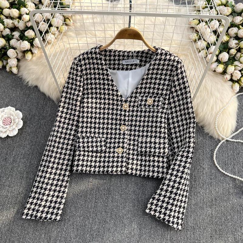 

Women's Jackets Autumn And Winter Elegance Retro V-neck Jacket For Women Tweed Short Coat Ladies Fashion Trend Female, Black