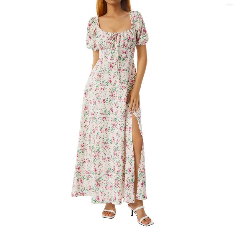 

Party Dresses Women Elegant Bohemian Side Slit Dress Floral Print Square Collar Short Puff Sleeves Long Maxi For Summer Holiday, Blue