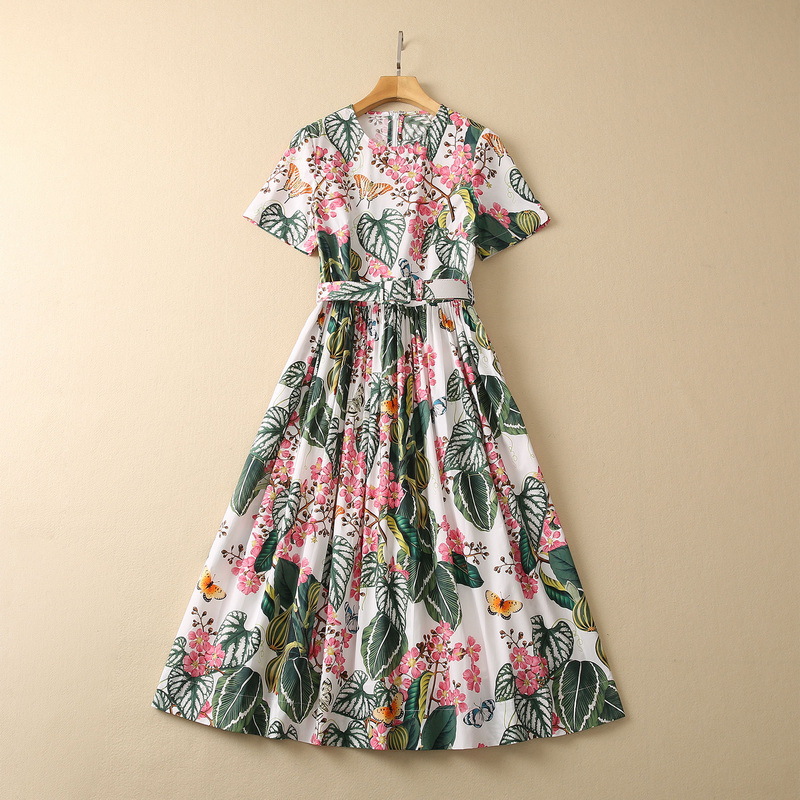 

2023 Spring White / Red Floral Print Belted Dress Short Sleeve Round Neck Cotton Midi Casual Dresses S3F131623