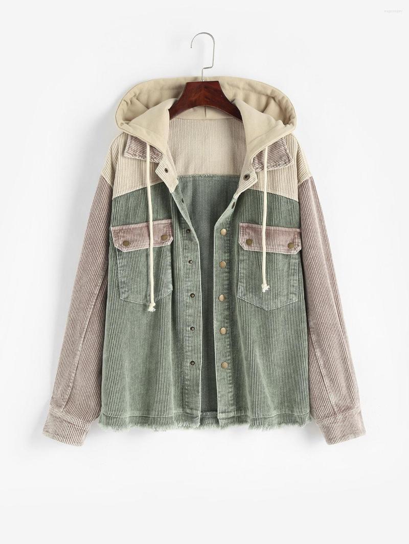 

Women's Jackets ZAFUL Hooded Colorblock Corduroy Pocket Frayed Jacket Women Button Up Drawstring Coat Autumn Spring Fashion Clothing, Green