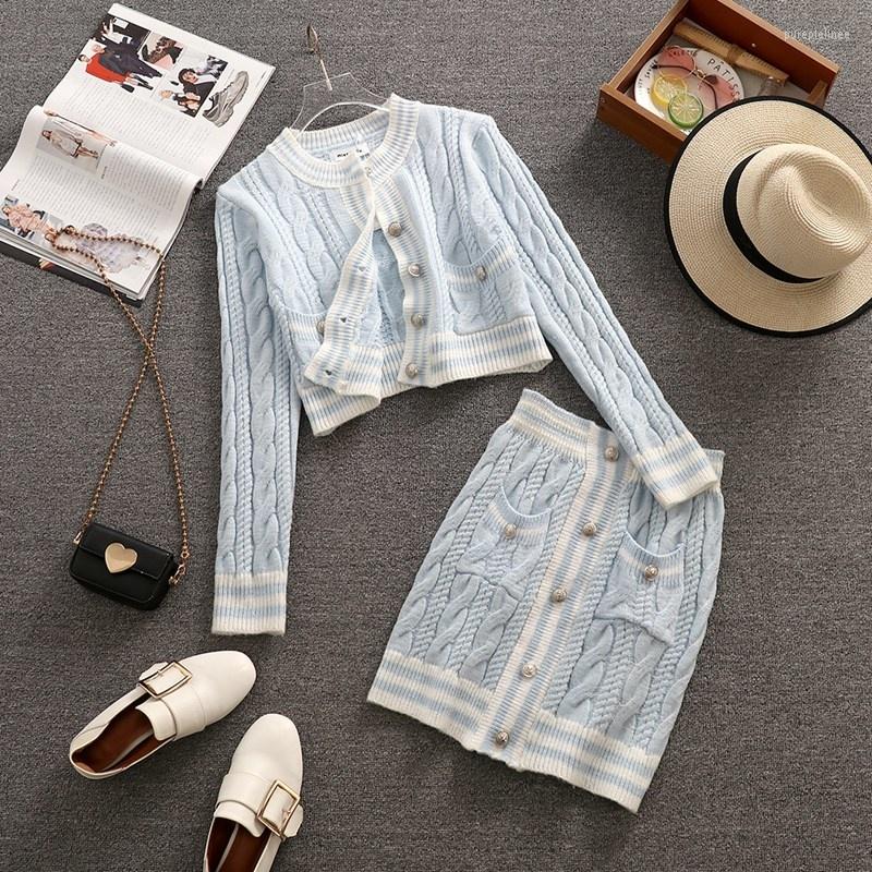 

Work Dresses Autumn Knitted Two Piece Set Women Skirt 2023 Korean Fashion Long Sleeve Knit Sweater High Waist Mini Suits 2 Pieces, Blue
