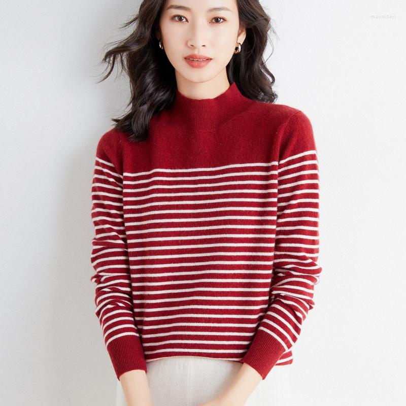 

Women' Sweaters Half High Collar Wool Sweater Women' Autumn And Winter 2023 Color Matching Striped Loose Pullover Fashion, Black