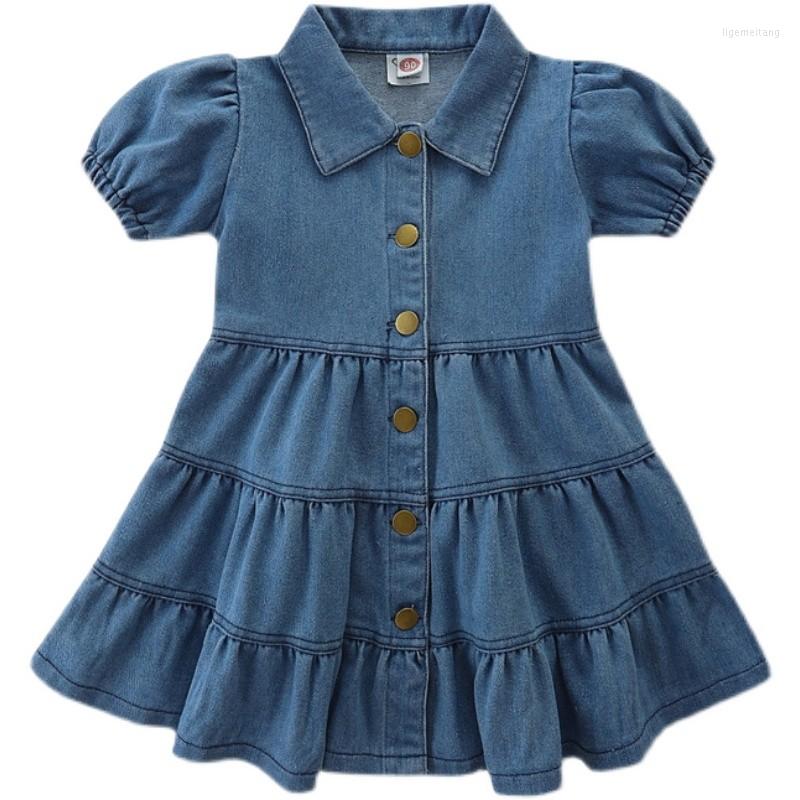 

Girl Dresses Girls' Short Sleeve Dress Children's Wear Baby Bubble Cute Denim Clothse 2-6y, Blue