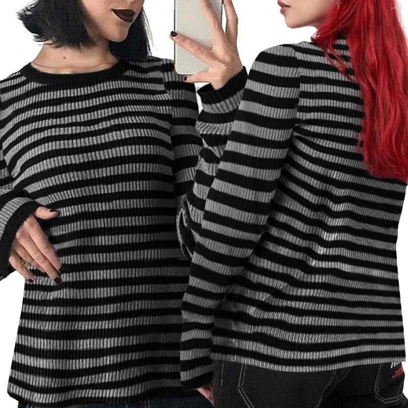 

Women' Sweaters Women Knitted Striped Sweater Casual Contrast Color Long Sleeves Pullover Knitwear Tops Streetwear, Gray