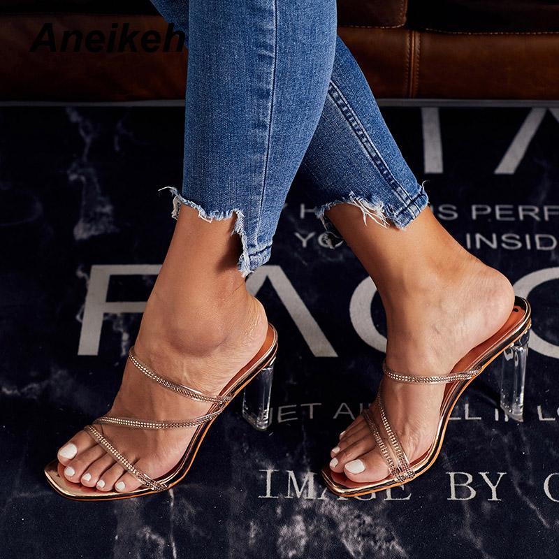 

Slippers Aneikeh PVC Rhinestone Shoes Woman Heeled Square Head Flip Flops Peep Toe Slip-on Thin High Heels Lady Fashion Pumps, Silver