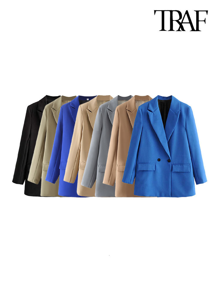 

Womens Suits Blazers TRAF Women Chic Office Lady Double Breasted Blazer Vintage Coat Fashion Notched Collar Long Sleeve Ladies Outerwear Stylish Tops 230220, Gray