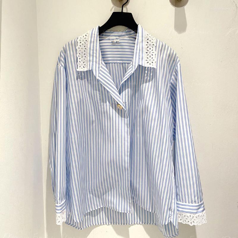 

Women' Blouses Patads French Shirt 2023 Spring And Summer Ol Commuter Stripe Lace Splicing Simple Long Sleeve Top, Blue