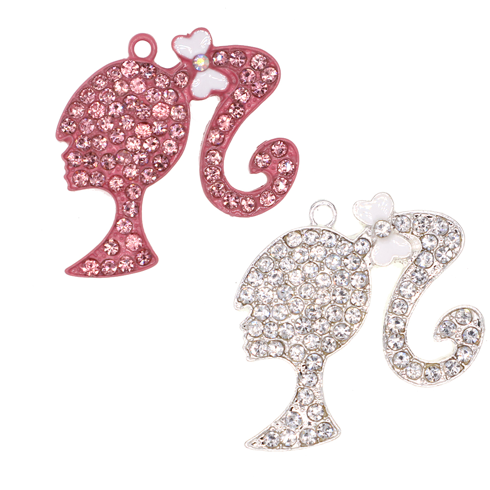 

10pcs/lot Fashion Jewelry Enamel Rhinestone Pink Cartoon Character Pendant For Necklace Luxury Crystal Young Girl Shape Charms
