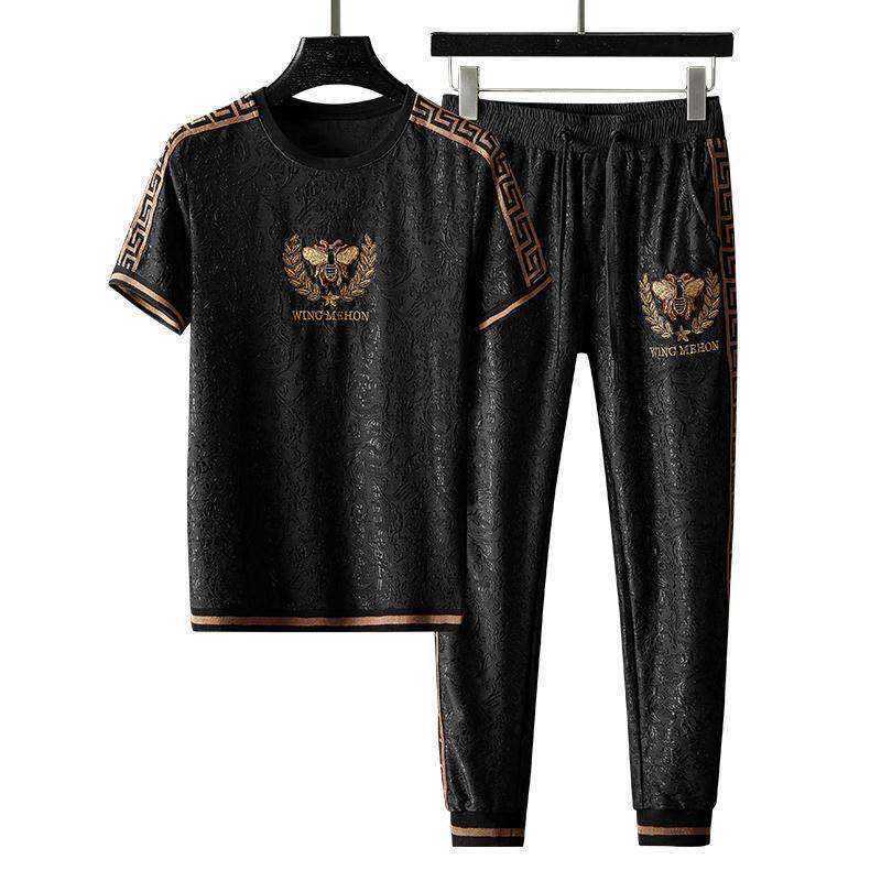 

Men's Tracksuits Men's Sets Large Size Light Luxury Embroidery Dark Pattern Small Bee Jacquard Mercerized Korean Leisure Sports Twopiece Sets L230220, Black 2