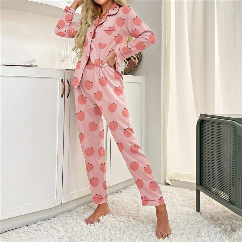 

Women's Sleepwear Spring Lady Pajamas Set Heart Printed Soft Cotton Lounge Turn-Down Collar Long-Sleeve Trousers Household Wear