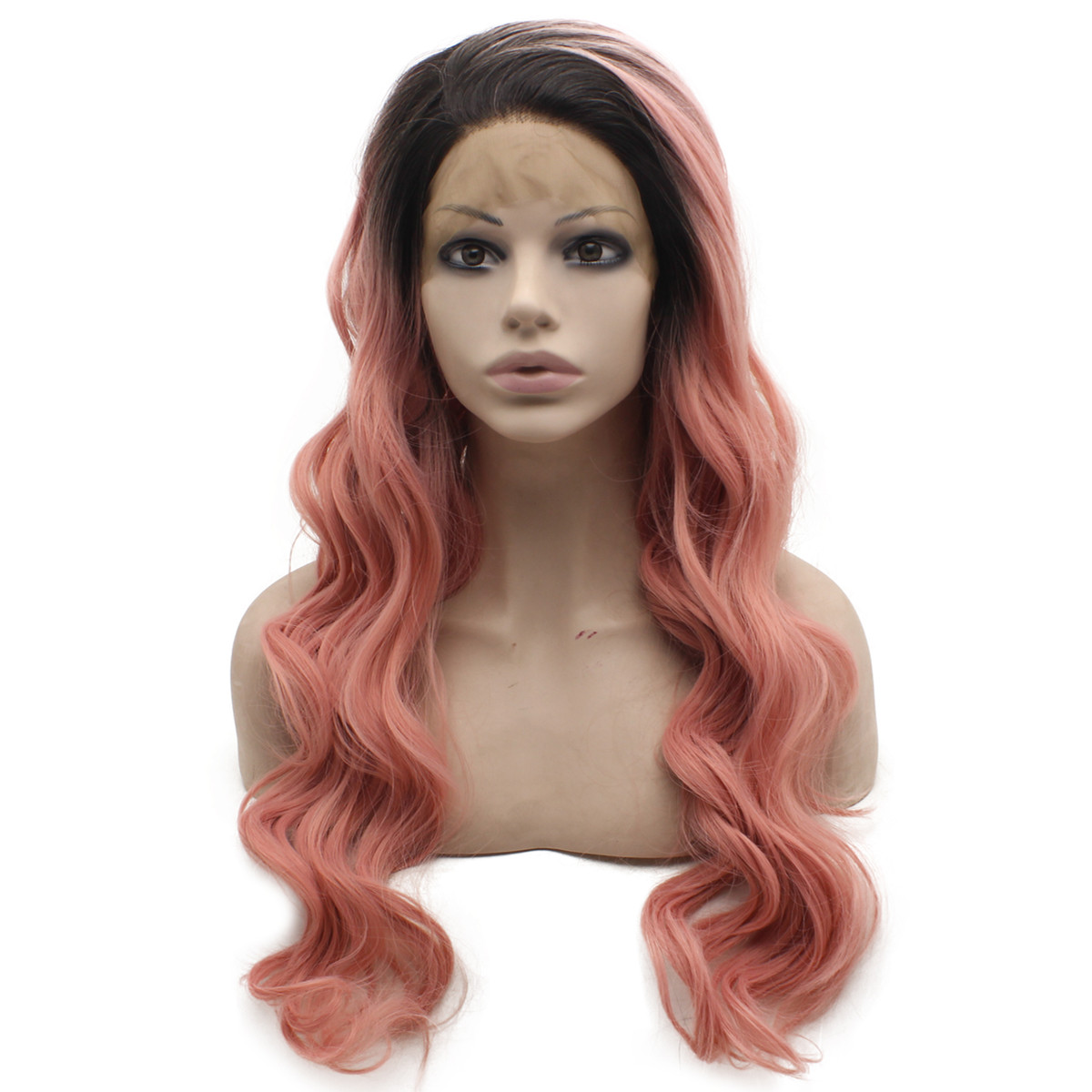 

Long Wavy Dark Root Rose Pink Wig Heat Resistant Synthetic Hair Lace Front Wig, Ombre color