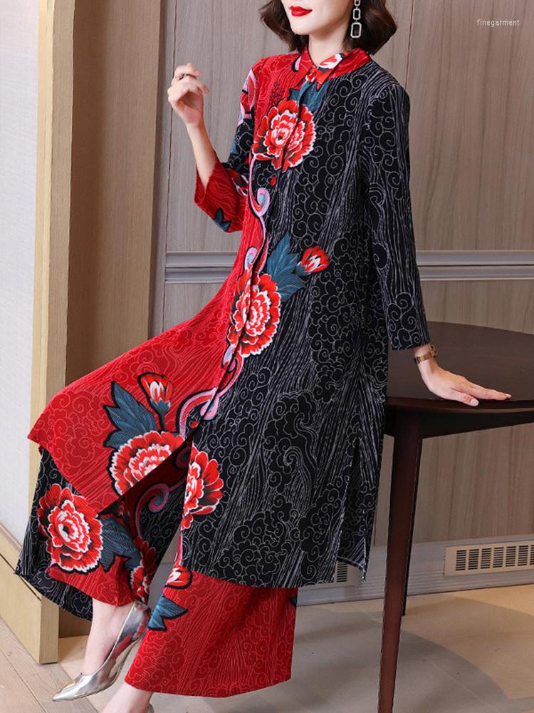 

Women's Two Piece Pants Pleated Printed Women Top Trousers Two-piece Spring Summer 2023 Long Sleeve Flower Color Block Female Clothes, Green