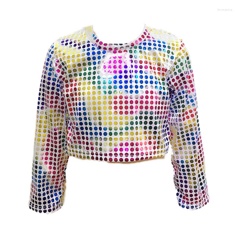 

Stage Wear Child Adult Long Sleeve Crop Top Shiny Metallic Dancing Costumes Jazz Performance Clothes Dots Sequins T-shirt, Black