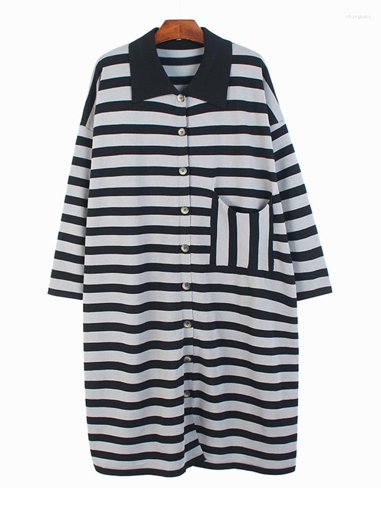 

Casual Dresses Women White Striped Pockets Big Size Dress Lapel Neck Long Sleeve Loose Fit Fashion Tide Spring Autumn 2023 K041, Gray