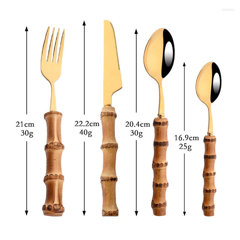 

Flatware Sets Bamboo Cutlery Set 8/16/24Pcs Stainless Steel Gold Tableware Knife Fork Spoon Dishwasher Safe Silverware Dinnerware