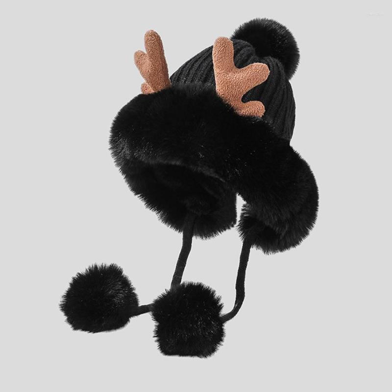 

Berets Cute Ears Winter Hats For Women Beanies Deer Antler Fur Pompom Knit Bonnet Fluffy Cap Bomber Gorro Femme, Pink