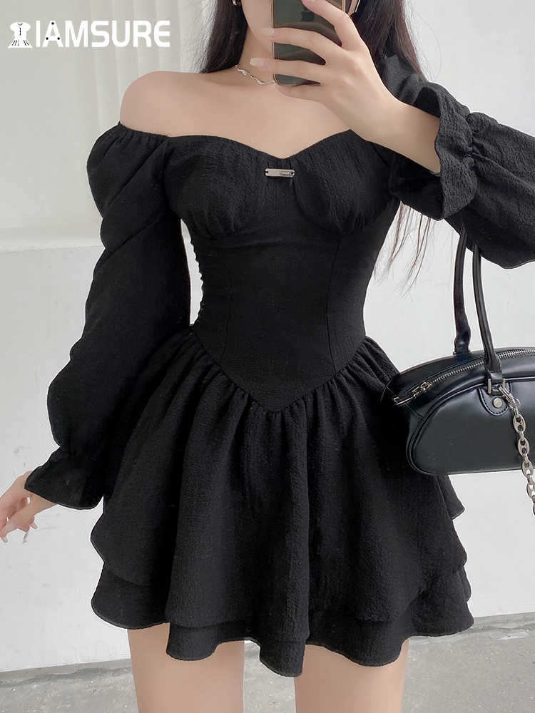 

Casual Dresses IAMSURE Autumn Spring A-Line Dress Sexy Slim Solid Square Collar Puff Sleeve Mini Dresses For Women 2021 Elegant Fashion Ladies L230217, Short sleeve
