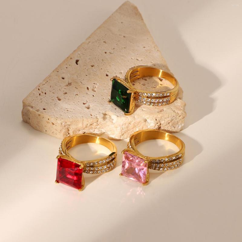 

Cluster Rings Statement Gold Square Stainless Steel PVD Plating Tarnish Free Hypoallergenic Jewelry Full Zirconia Paved