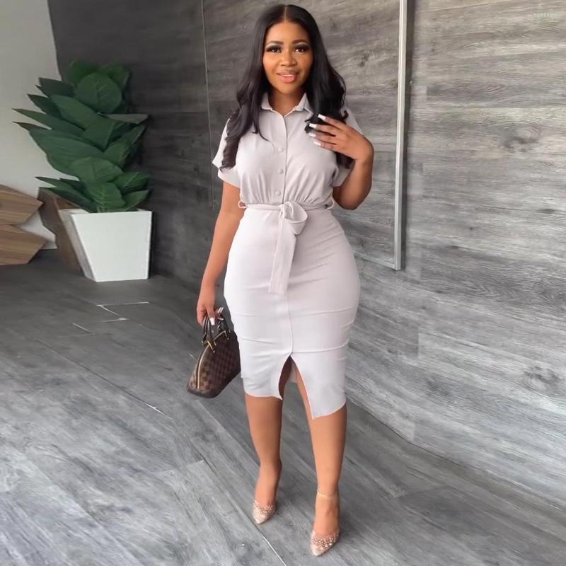 

Party Dresses Dress Women Elegant Spring Summer Short-sleeved Open Shirt With Waist Belt Slit At Hem Sexy Bodycon, Red