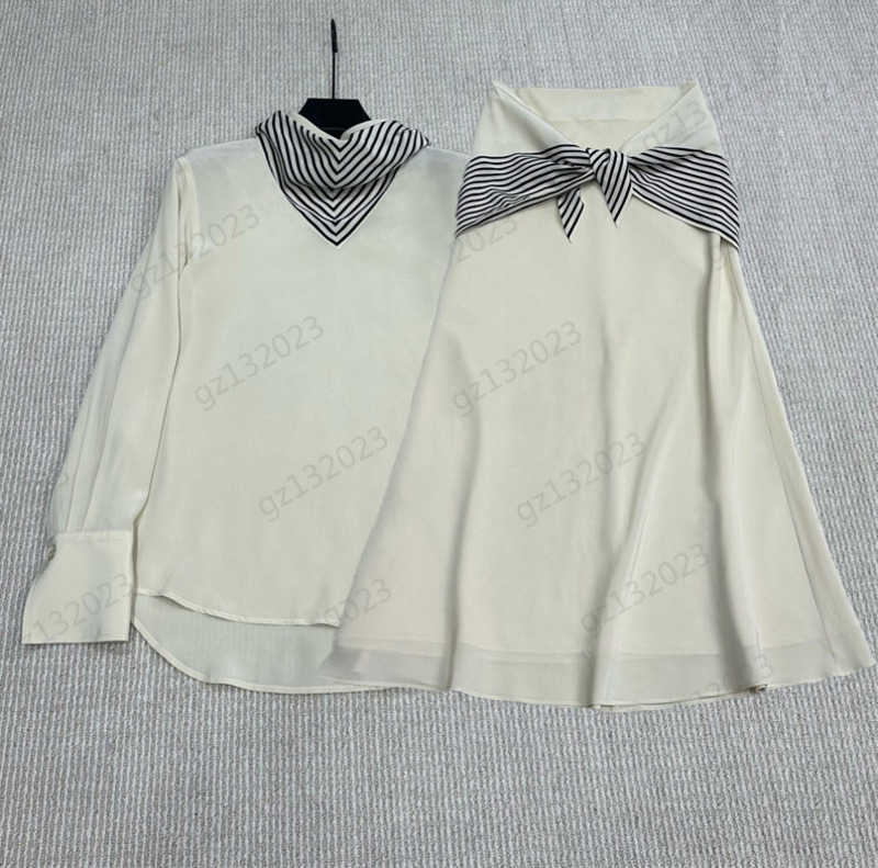 

Womens Two Piece Dress Striped Square Scarf Embellished Neckline Long-sleeved Silk Shirt Side Zipper Design High Waist Flared Skirts Two Piece Dress Summer 1970