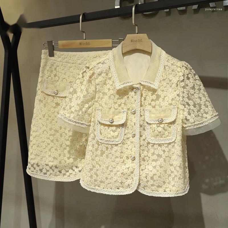 

Work Dresses High Quality Elegant Summer Sweet Lapel Embroidery Two Piece Set Women Lace Floral Pocket Shirt Waist Mini Skirt Suits, Beige