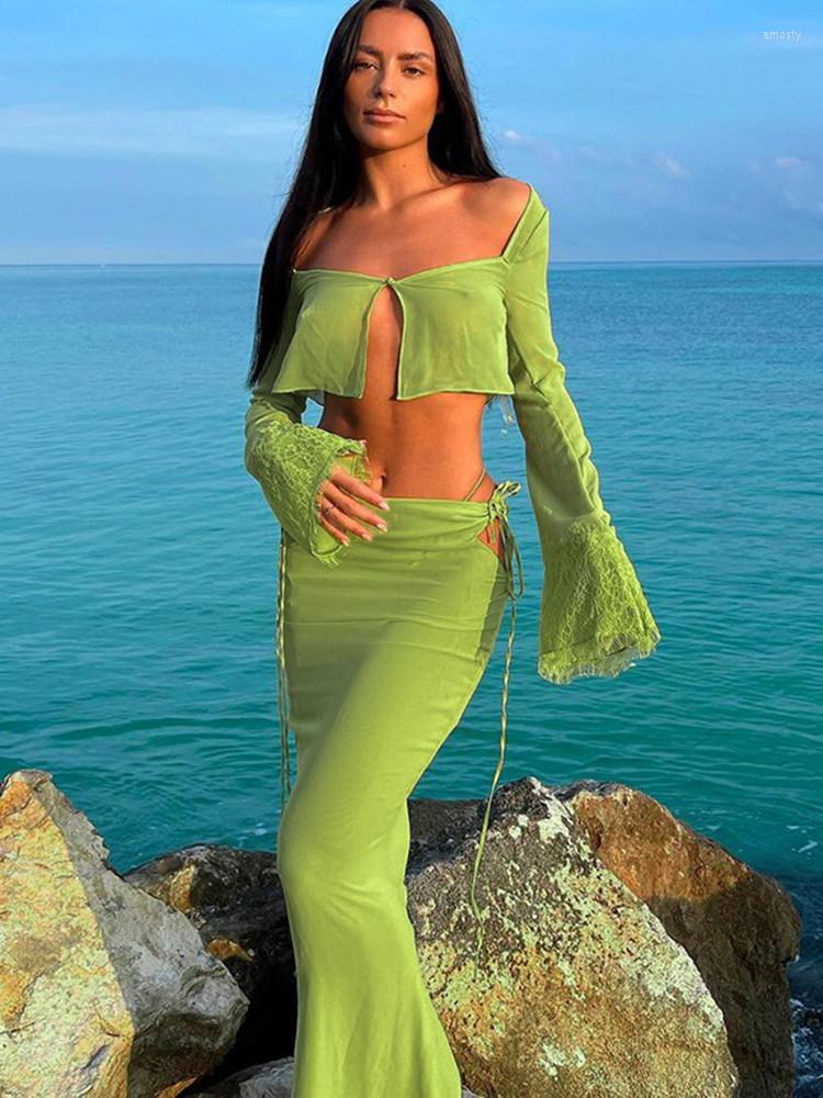 

Women' T Shirts Hirigin Elegant Fashion Long Sleeve See Through Cutout Cropped Cardigan Maxi Skirt 2 Pieces Sets Outfits Women Dress, Black