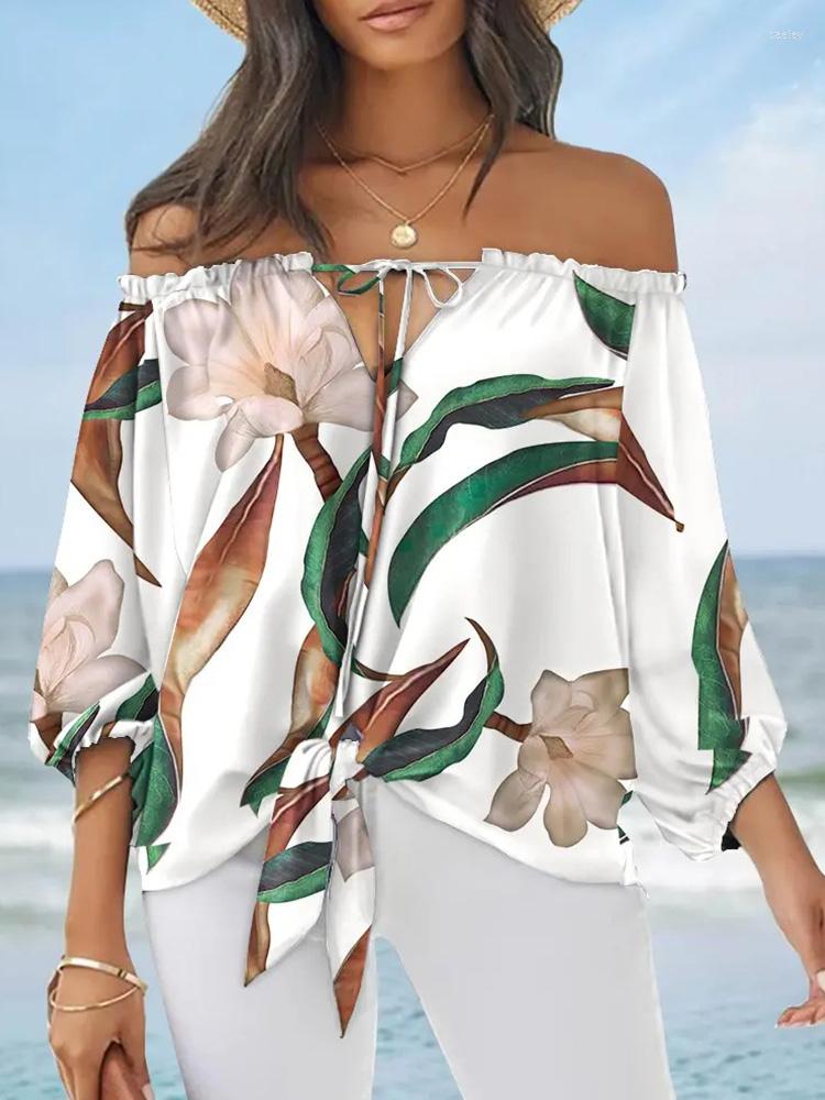 

Women's Blouses Plants Print Tied Detail Off Shoulder Tops Women, Dark green