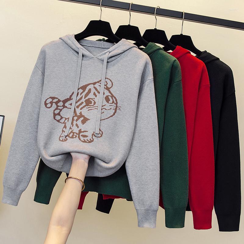 

Women's Sweaters Women's Clothing Hooded Knitting Sweater Print Long Sleeves Casual Korean Fashion Baggy Pullover Outerwear Tops Ladies, Green