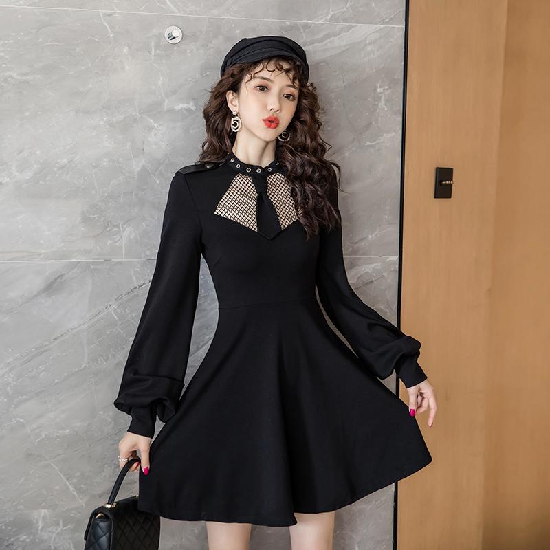 

Casual Dresses Women Korean Dress Fashion One Piece Autumn Spring 2023 Office Lady Vintage Long Sleeve Solid O-Neck High Waist Zipper, Black