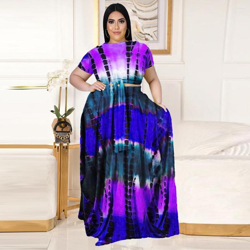 

Tracksuits ZJFZML ZZ Women Clothing Two Piece Set Plus Size Tie Dye Print Short Sleeve Crop Top And Pleated Skirts Drop Wholesale, Orange