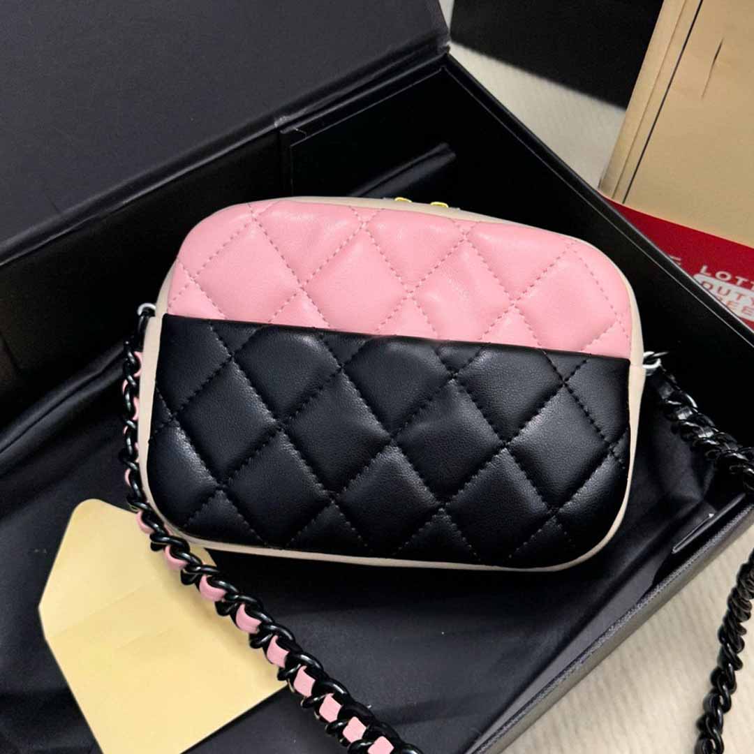 

Designer Bags Classic Diamond Lattice Patchwork Color Camera Handbag Thick Chain Strap Cute Purse, Black