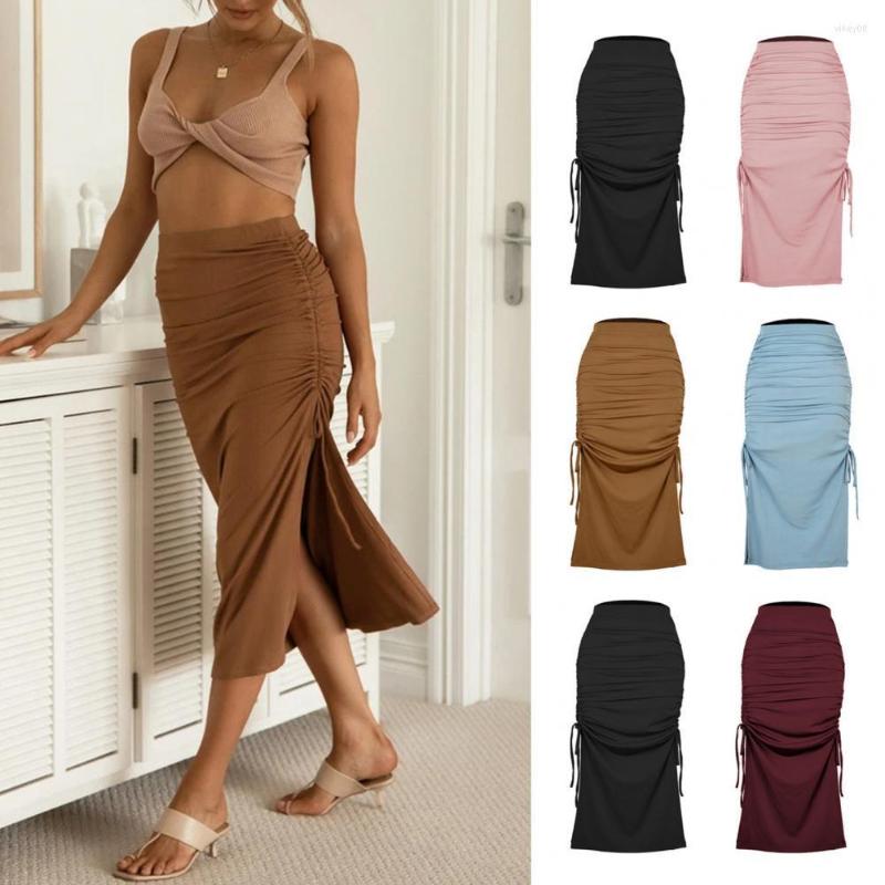 

Skirts 2023 Women Bodycon Skirt Lace-up Drawstring High Waist Slim Split Summer Knitted Shirring Long, Black