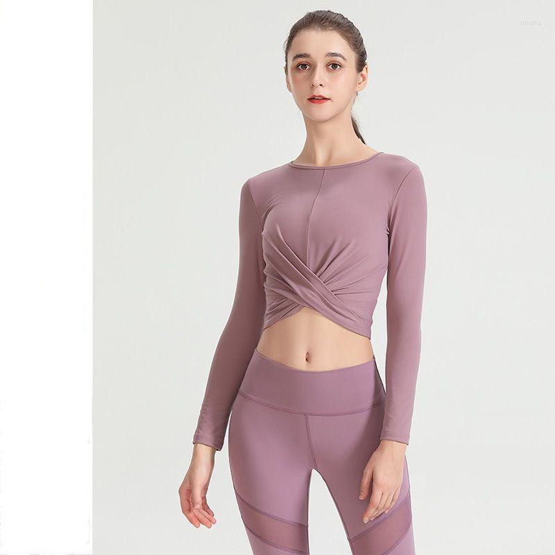 

Active Shirts Sports Yoga T-shirt Cropped Long-sleeved Solid Color Clothes Spring Autumn Quick-drying Fitness Folds O-neck Dance Short Top, Purple