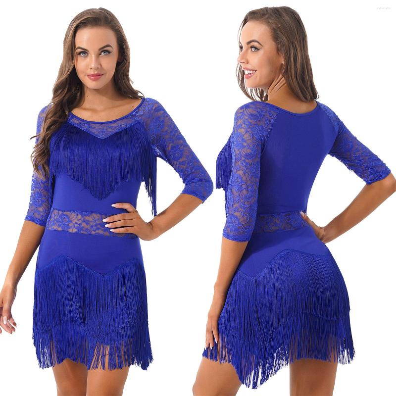 

Stage Wear WomensSheer Floral Lace Half Sleeve Tassel Fringed Dresses With Shorts Ballroom Latin Dance Costume Waltz Cha-Cha Dancewear, Red