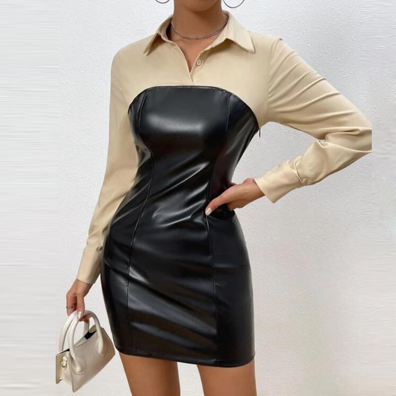 

Casual Dresses Fashion Turn-down Collar Shirt Dress Women Long Sleeve Mini Party 2023 Elegant PU Leather Patchwork Bodycon, 01 white