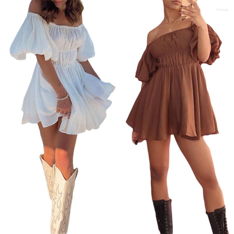 

Party Dresses Women Casual Summer Dress Solid Color Elegant Short Puff Sleeve Off-shoulder Tunic For, White