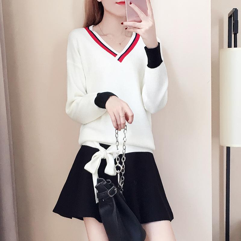 

Women' Sweaters Knitted Pullover Woman 2023 Autumn Women Clothing Long Sleeve V Neck Bow Chic Pullovers Jumpers Pull Femme XC059, Blue