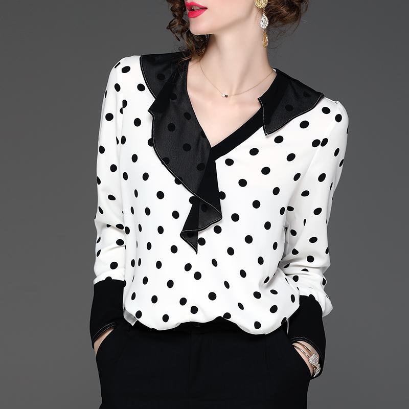

Women's Blouses & Shirts Top Grade Design Polka Dot Print Long Flare Sleeves Chiffon Shirt Women Fashion Ruffled Blouse C518, Black